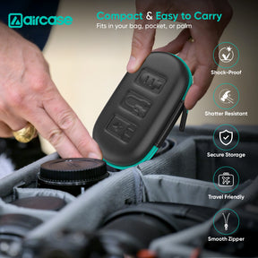 Aircase product being used to store camera lenses in a bag, with features highlighted.