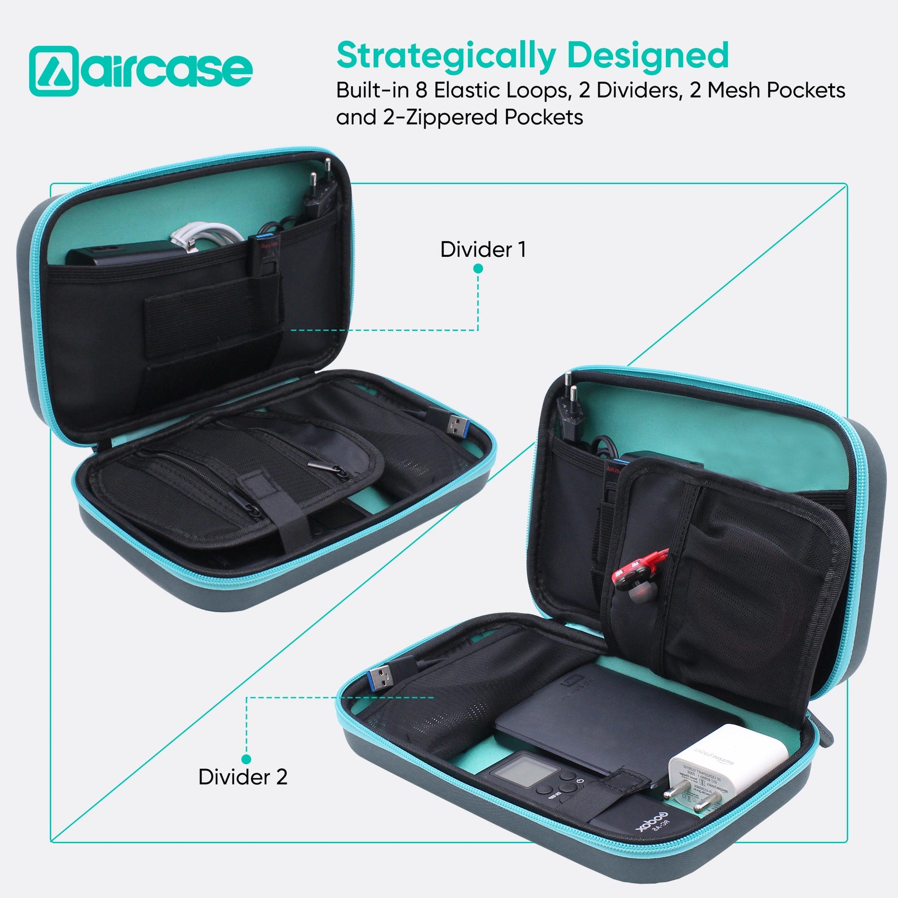 Aircase travel case with open compartments showing features on a white background