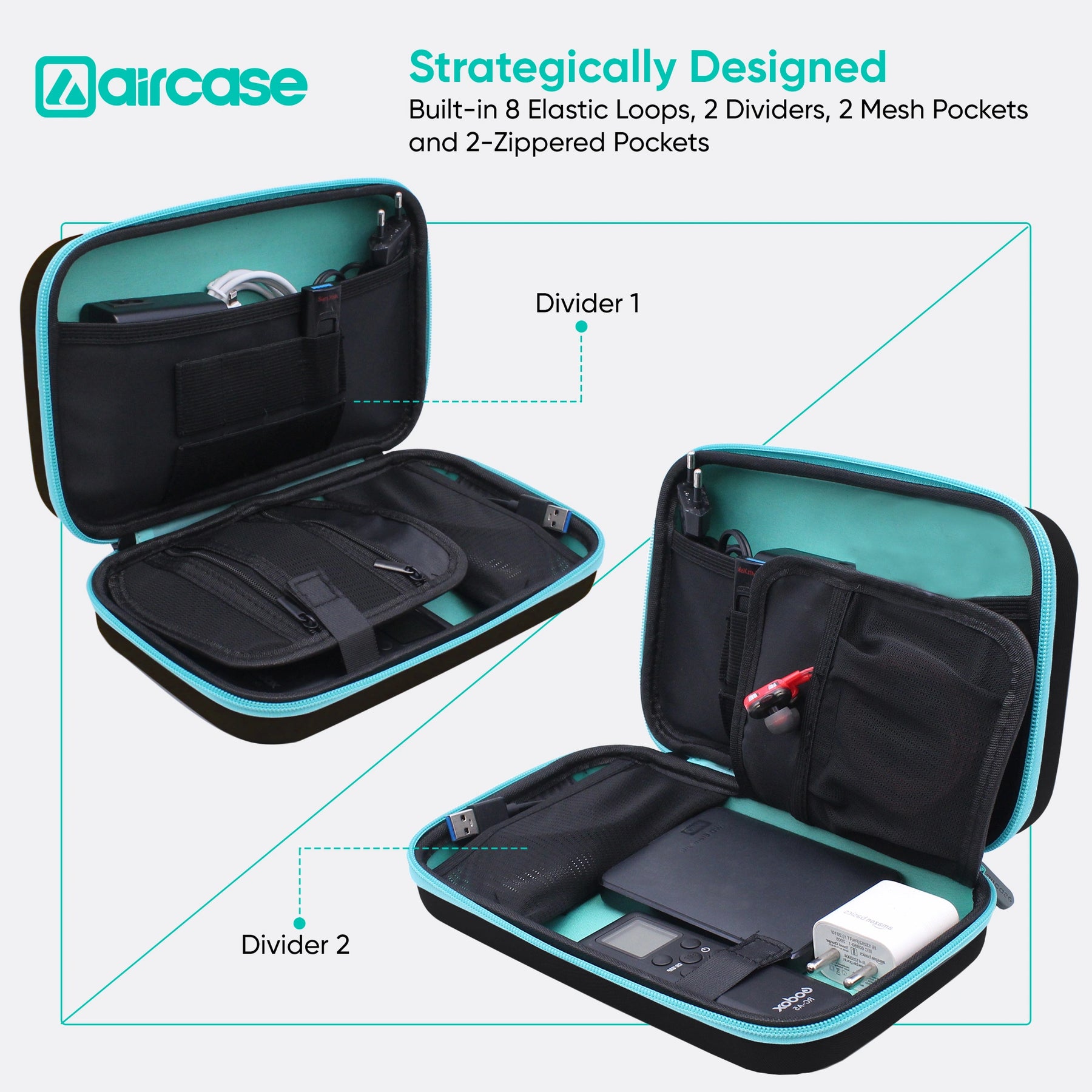 Aircase travel case with open compartments showing elastic loops, dividers, mesh pockets, and zippered pockets.