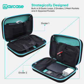 Aircase travel case with open compartments showing elastic loops, dividers, mesh pockets, and zippered pockets.