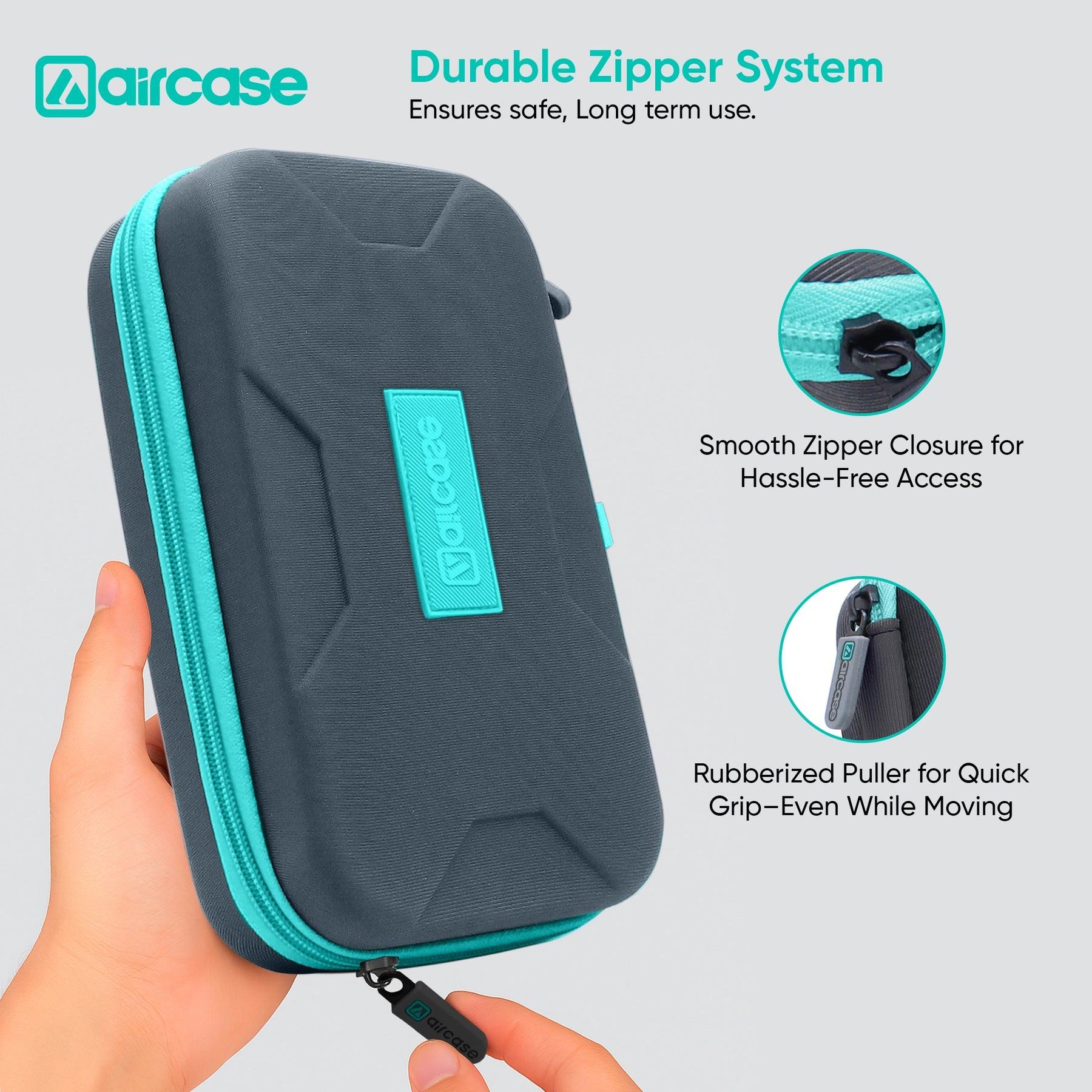 Gray and teal Aircase case with features highlighted on a light gray background