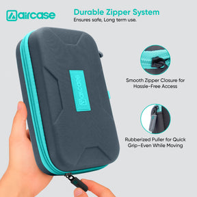 Gray and teal Aircase case with features highlighted on a light gray background