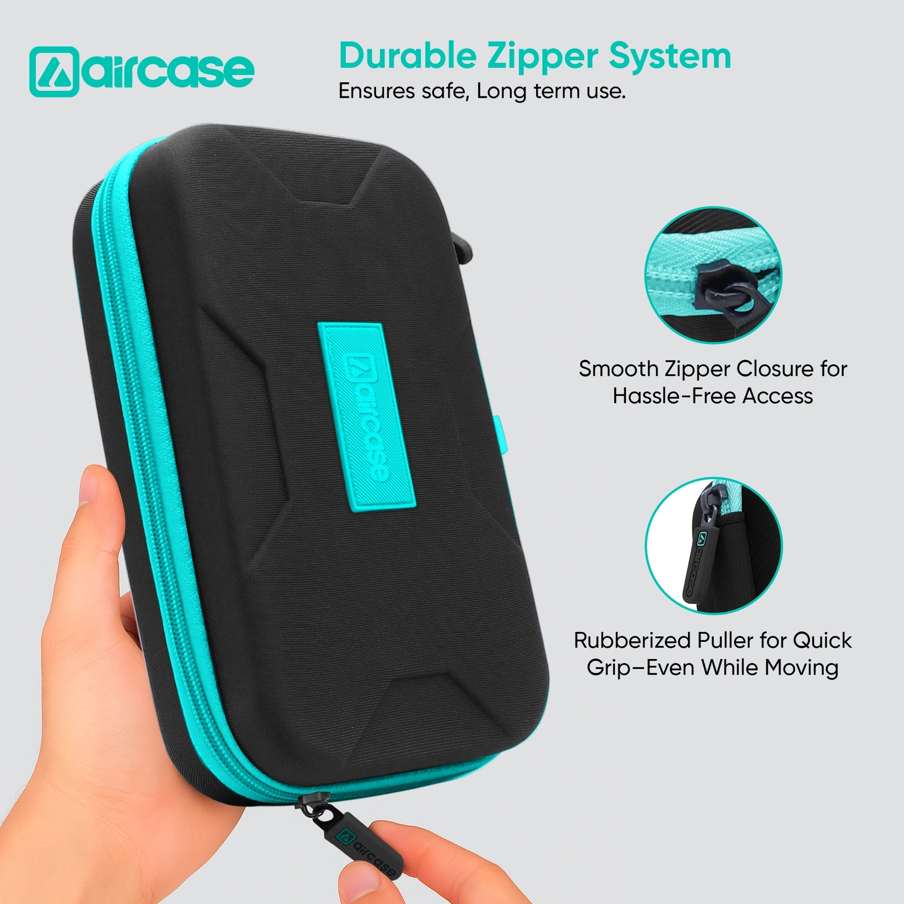 Black and teal zippered case held by a hand with product features highlighted on a light gray background.