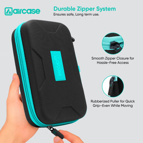 Black and teal zippered case held by a hand with product features highlighted on a light gray background.