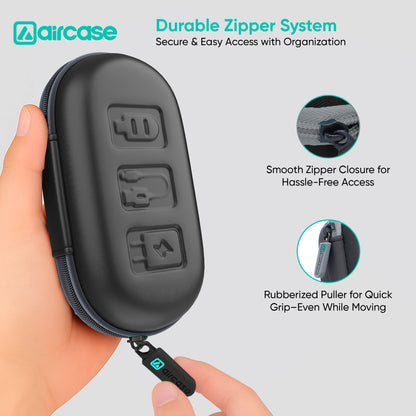 Black zippered case held by a hand with product features highlighted on a light gray background