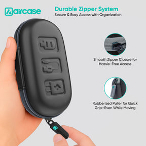 Black zippered case held by a hand with product features highlighted on a light gray background