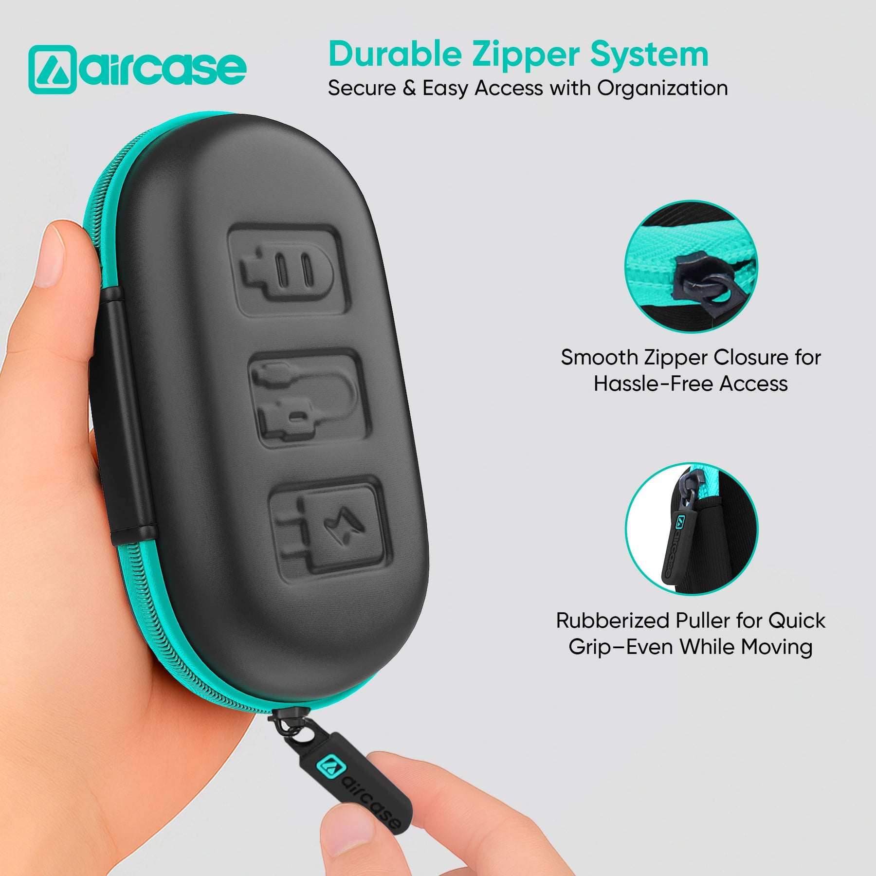 Black and teal case with buttons held by a hand, featuring Aircase branding and text about durable zipper system.