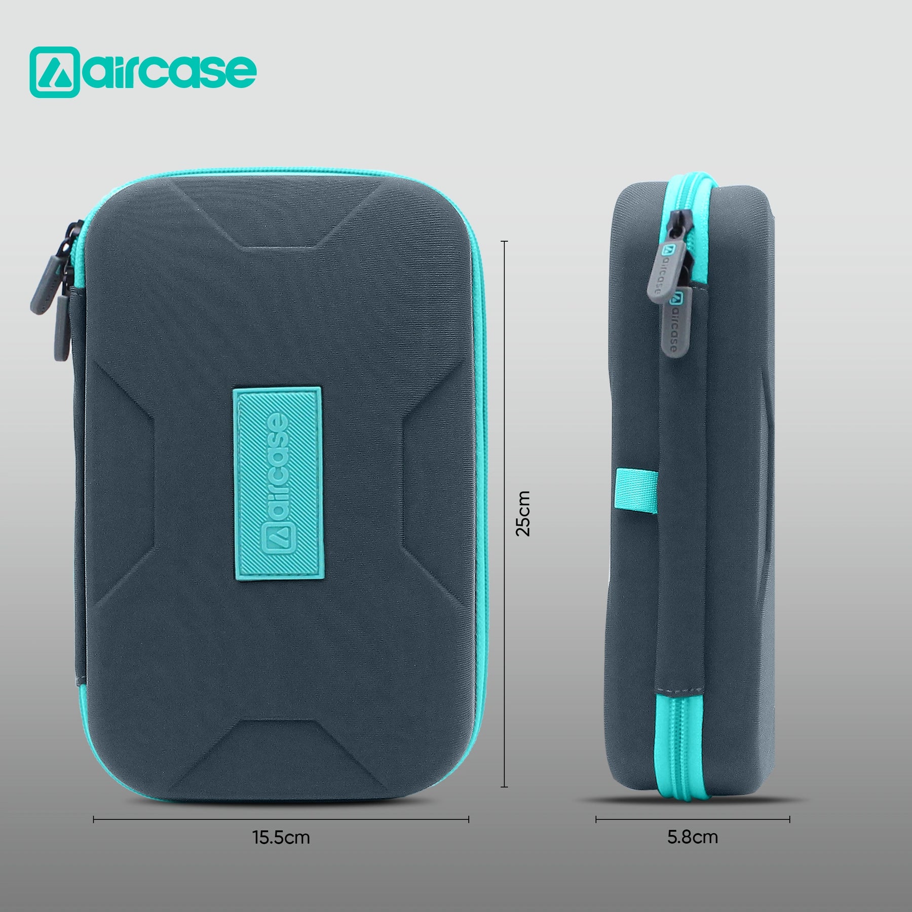 Gray and teal zippered case with 'aircase' branding and dimensions on a gray background