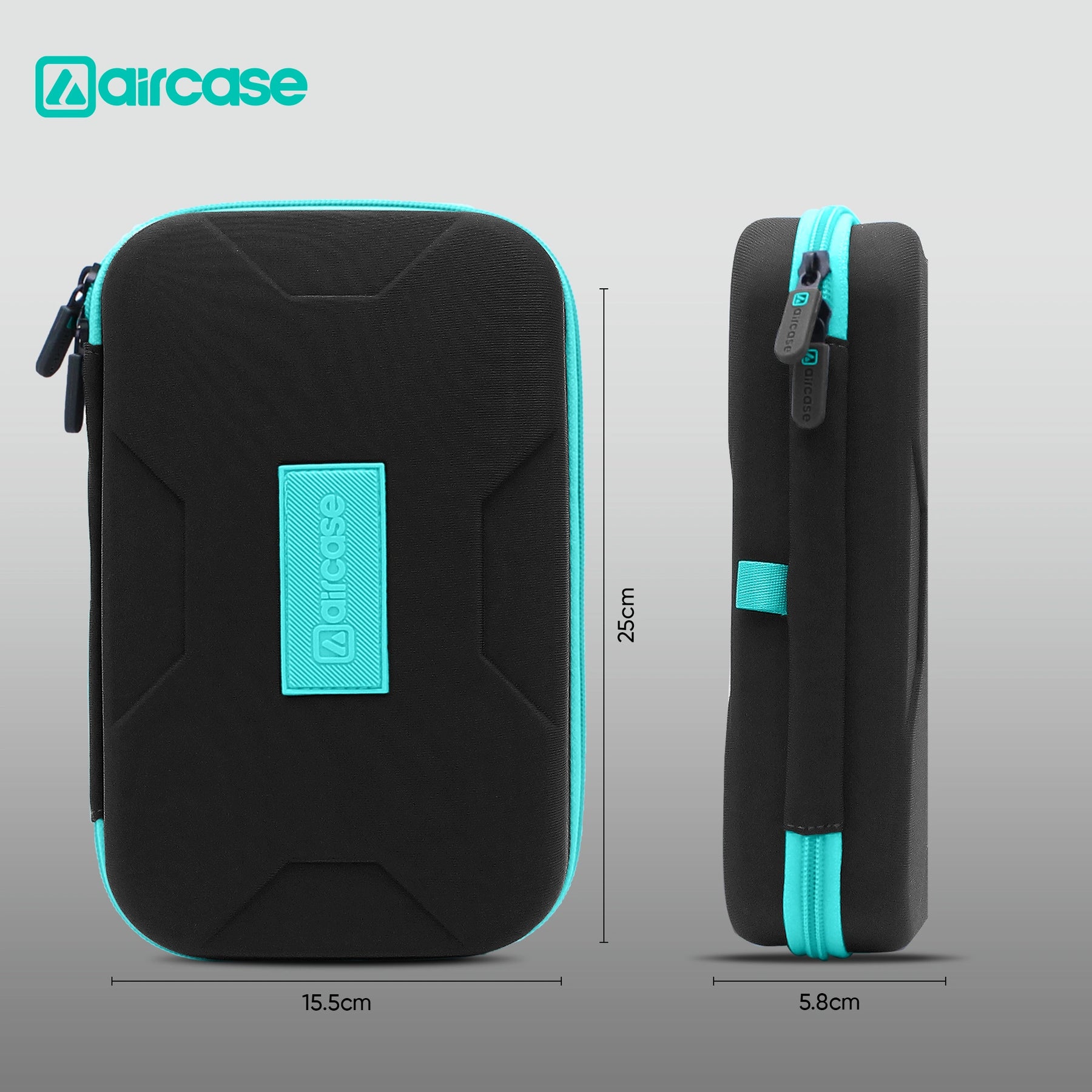 Black and turquoise zippered case with 'aircase' branding and dimensions on a gray background