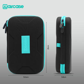 Black and turquoise zippered case with 'aircase' branding and dimensions on a gray background