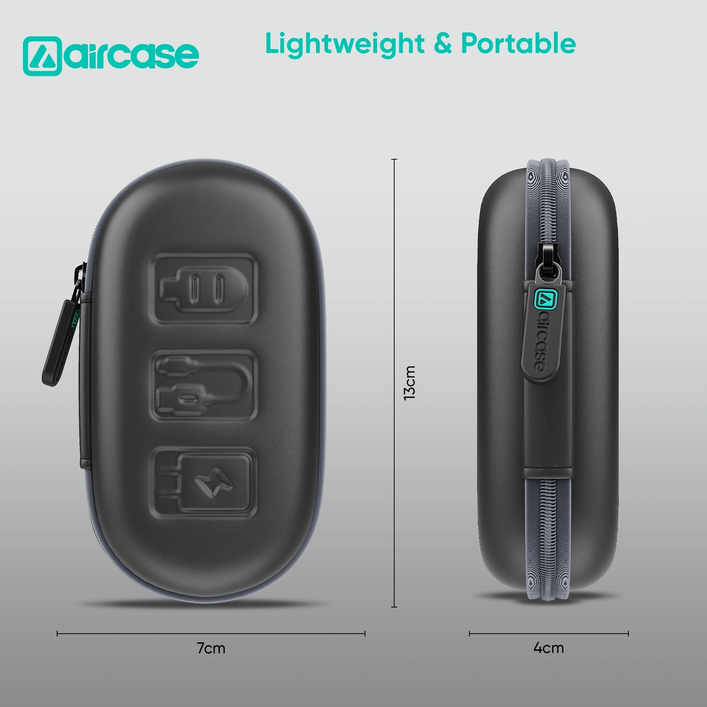 Black carrying case with USB symbols and dimensions on a gray background, featuring the Aircase brand.