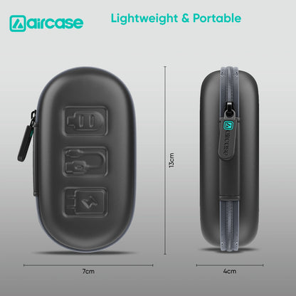 Black carrying case with USB symbols and dimensions on a gray background, featuring the Aircase brand.