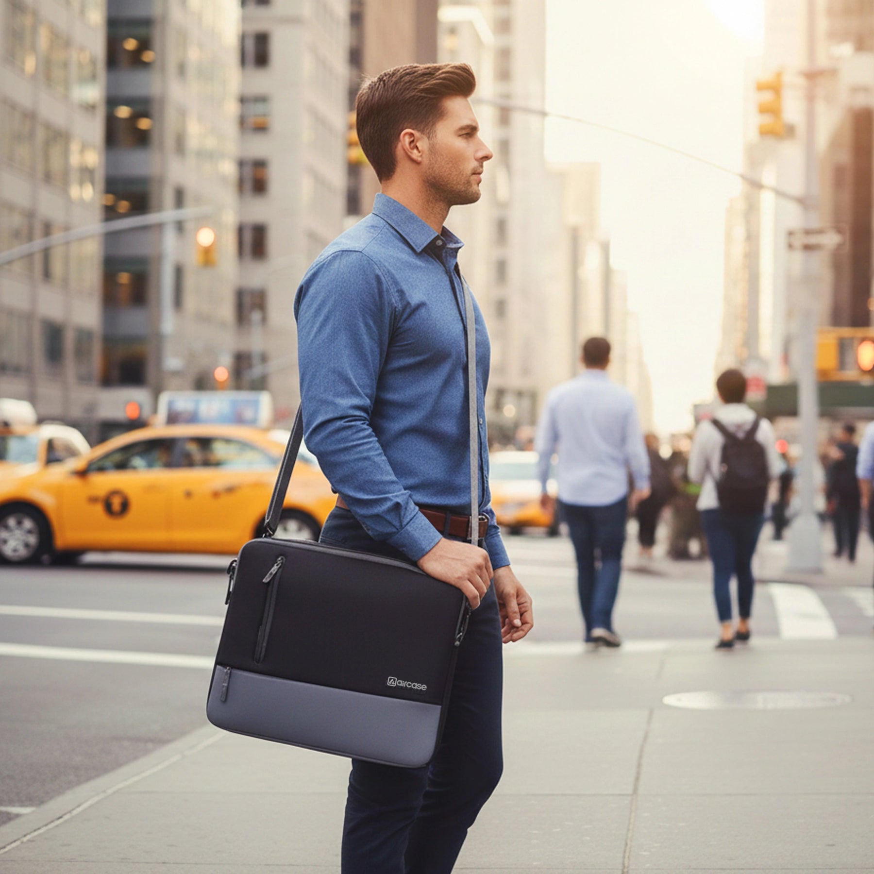 AirCase 13.3-inch laptop sleeve with shockproof foam, water-resistant PU leather, front pocket, luggage belt, and premium zipper