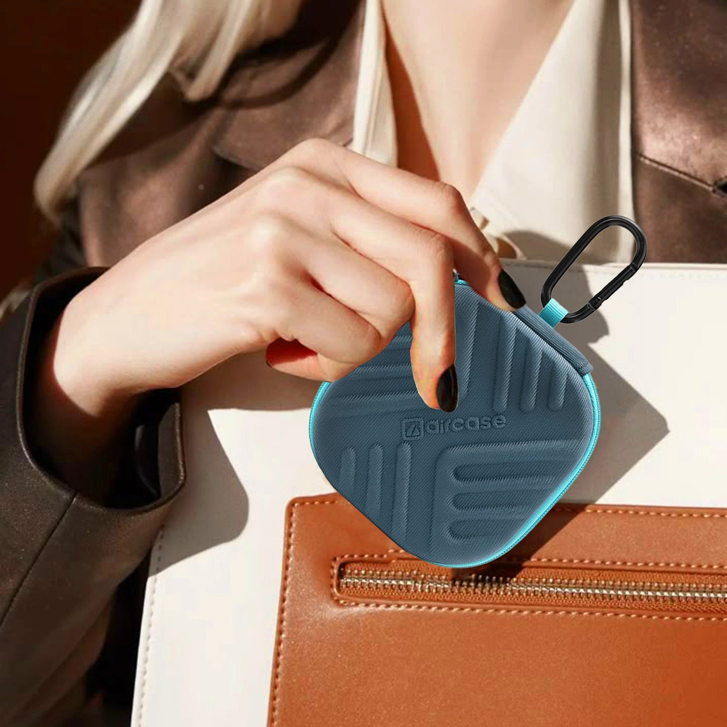 AirCase Earphone Carrying Case Cover with Shockproof EVA Hardshell & Soft Lining | Travel Organizer Pouch with Carabiner, Mesh Pocket, Zipper Closure for Earbuds, USB Drives, SD Cards, Cables