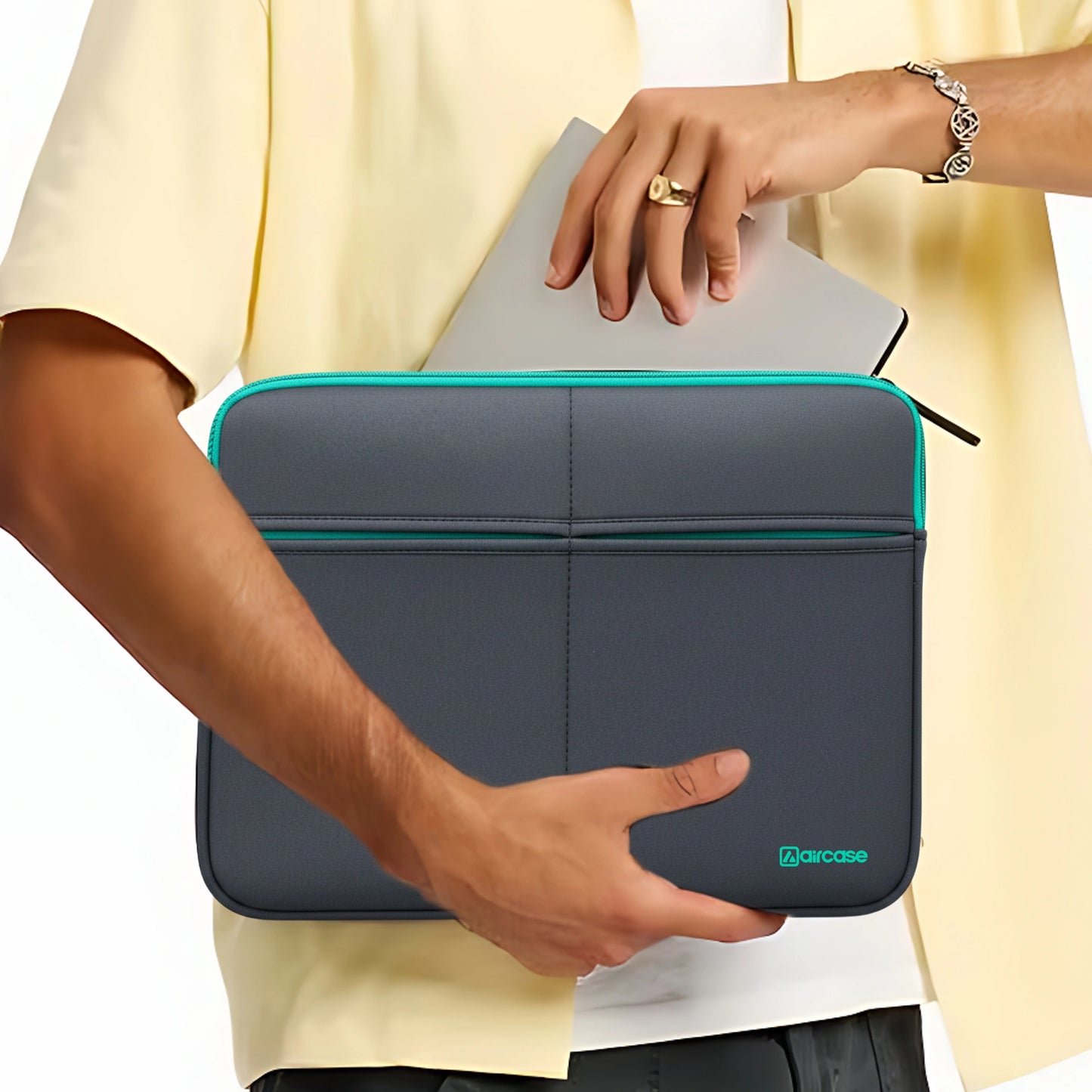 AirCase 15.6-inch grey neoprene laptop bag with 6 pockets, padded waterproof wrinkle-free design