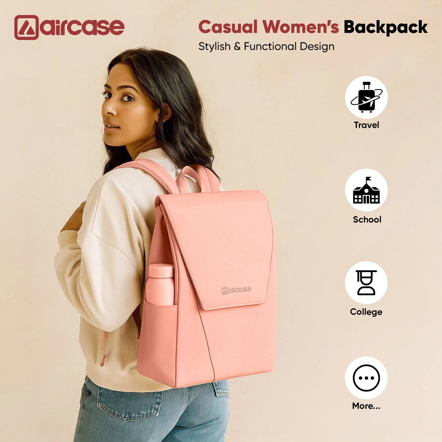 AirCase Canvas Laptop Backpack for Women with Multiple Pockets, Padded Straps, 13L Capacity, Lightweight, Water-Resistant Bag for Travel, College, Office Use, Supports Laptops Up to 15.6 Inch