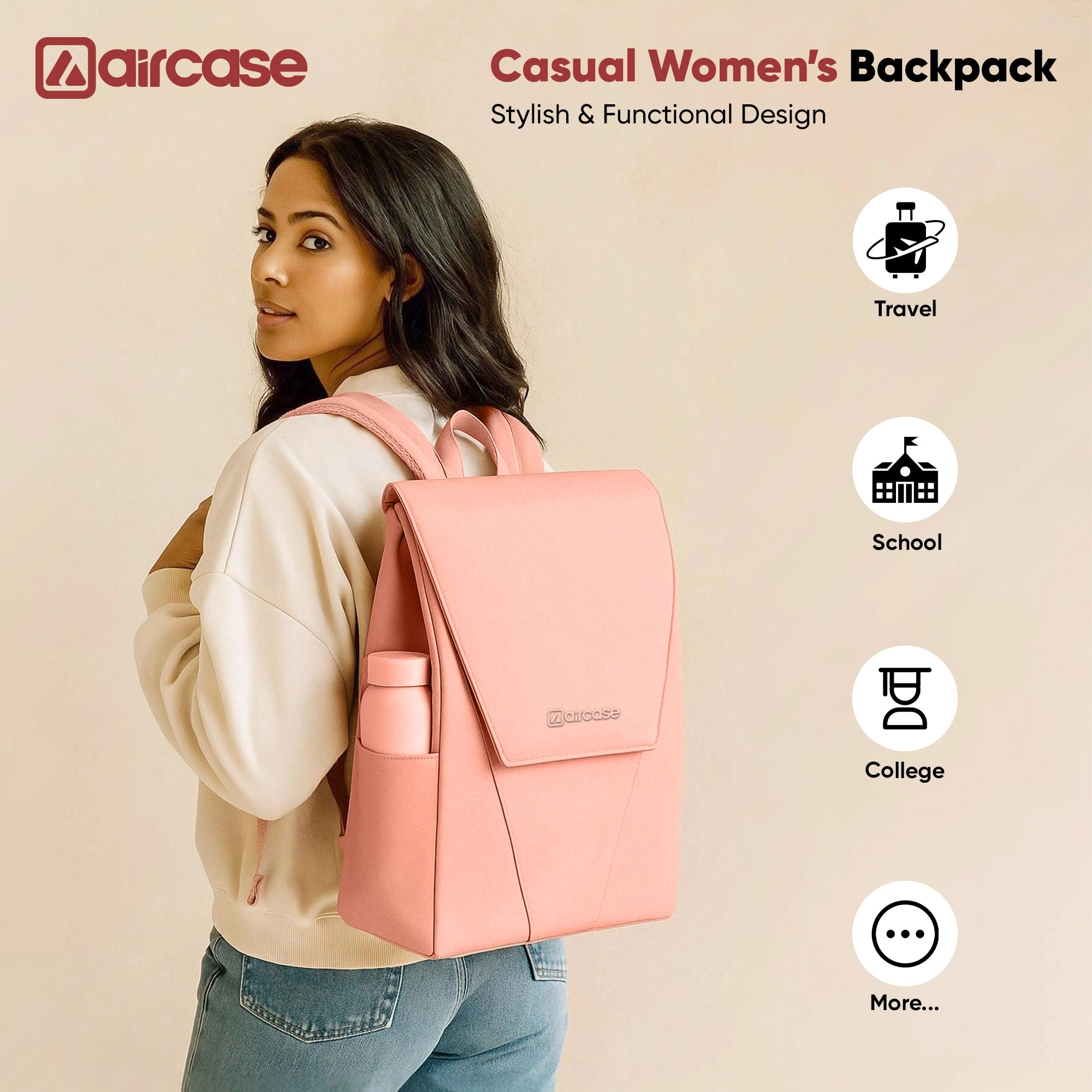 AirCase Canvas Laptop Backpack for Women with Multiple Pockets, Padded Straps, 13L Capacity, Lightweight, Water-Resistant Bag for Travel, College, Office Use, Supports Laptops Up to 15.6 Inch
