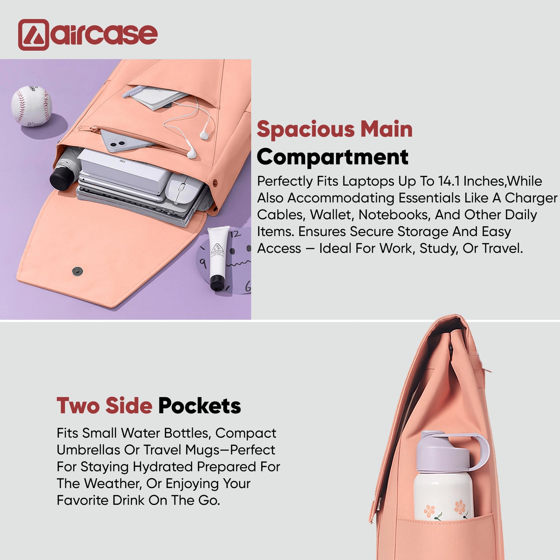 AirCase Canvas Laptop Backpack for Women with Multiple Pockets, Padded Straps, 13L Capacity, Lightweight, Water-Resistant Bag for Travel, College, Office Use, Supports Laptops Up to 15.6 Inch