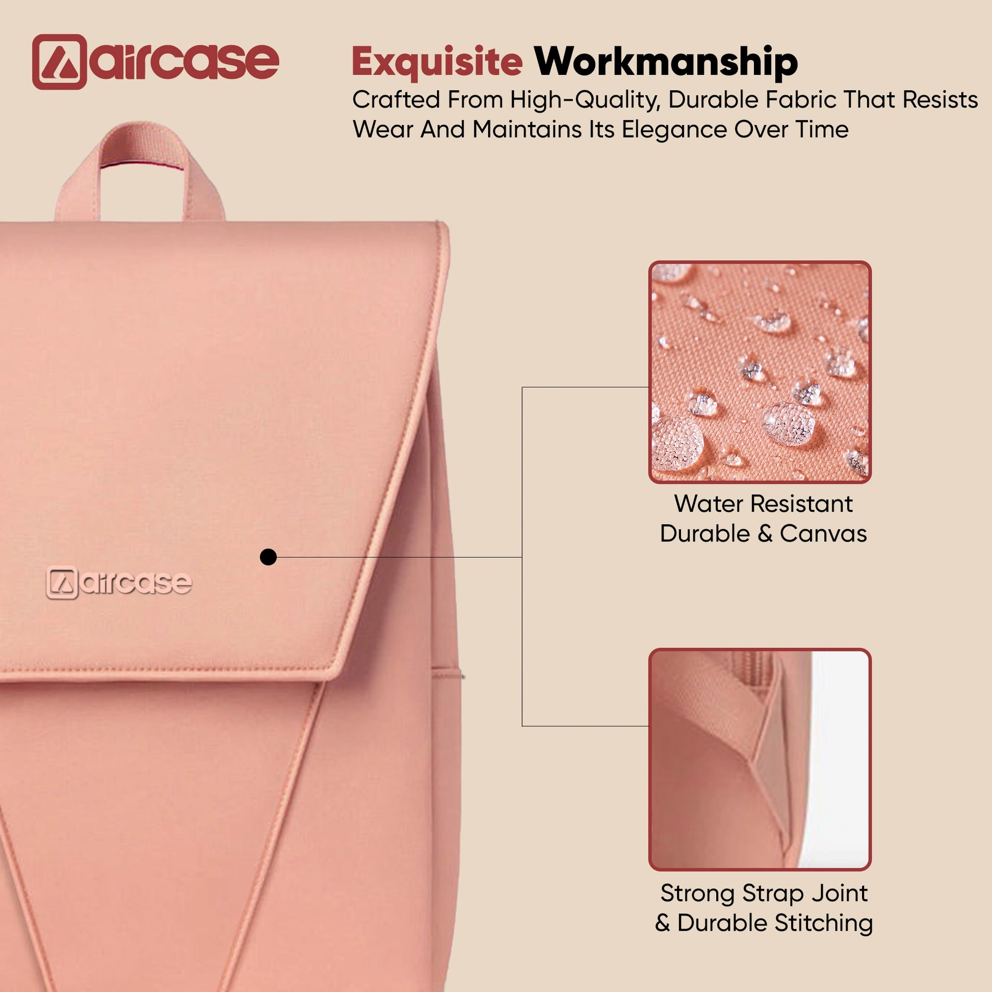 AirCase Canvas Laptop Backpack for Women with Multiple Pockets, Padded Straps, 13L Capacity, Lightweight, Water-Resistant Bag for Travel, College, Office Use, Supports Laptops Up to 15.6 Inch