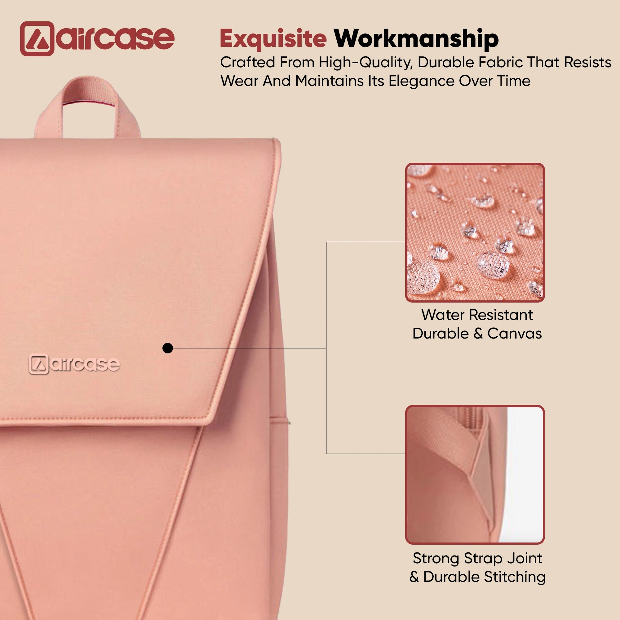 AirCase Canvas Laptop Backpack for Women with Multiple Pockets, Padded Straps, 13L Capacity, Lightweight, Water-Resistant Bag for Travel, College, Office Use, Supports Laptops Up to 15.6 Inch