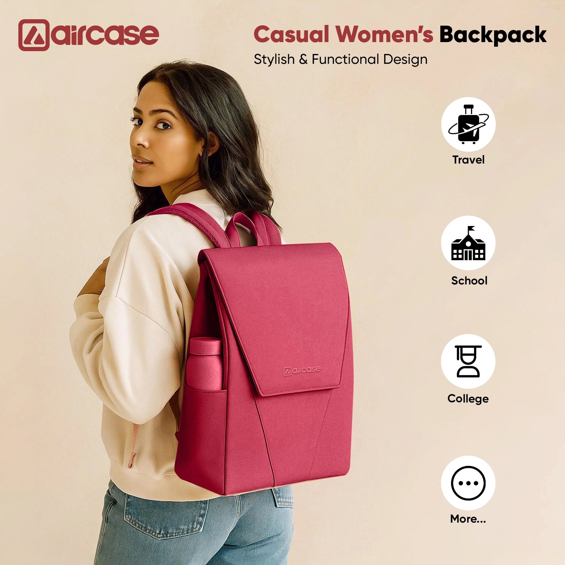 AirCase Canvas Laptop Backpack for Women with Multiple Pockets, Padded Straps, 13L Capacity, Lightweight, Water-Resistant Bag for Travel, College, Office Use, Supports Laptops Up to 15.6 Inch 