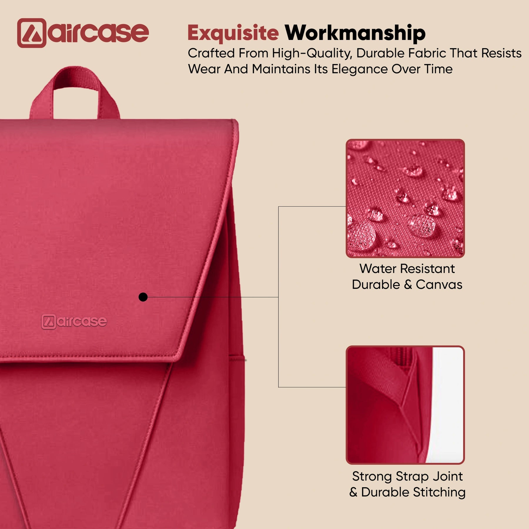 AirCase Canvas Laptop Backpack for Women with Multiple Pockets, Padded Straps, 13L Capacity, Lightweight, Water-Resistant Bag for Travel, College, Office Use, Supports Laptops Up to 15.6 Inch 