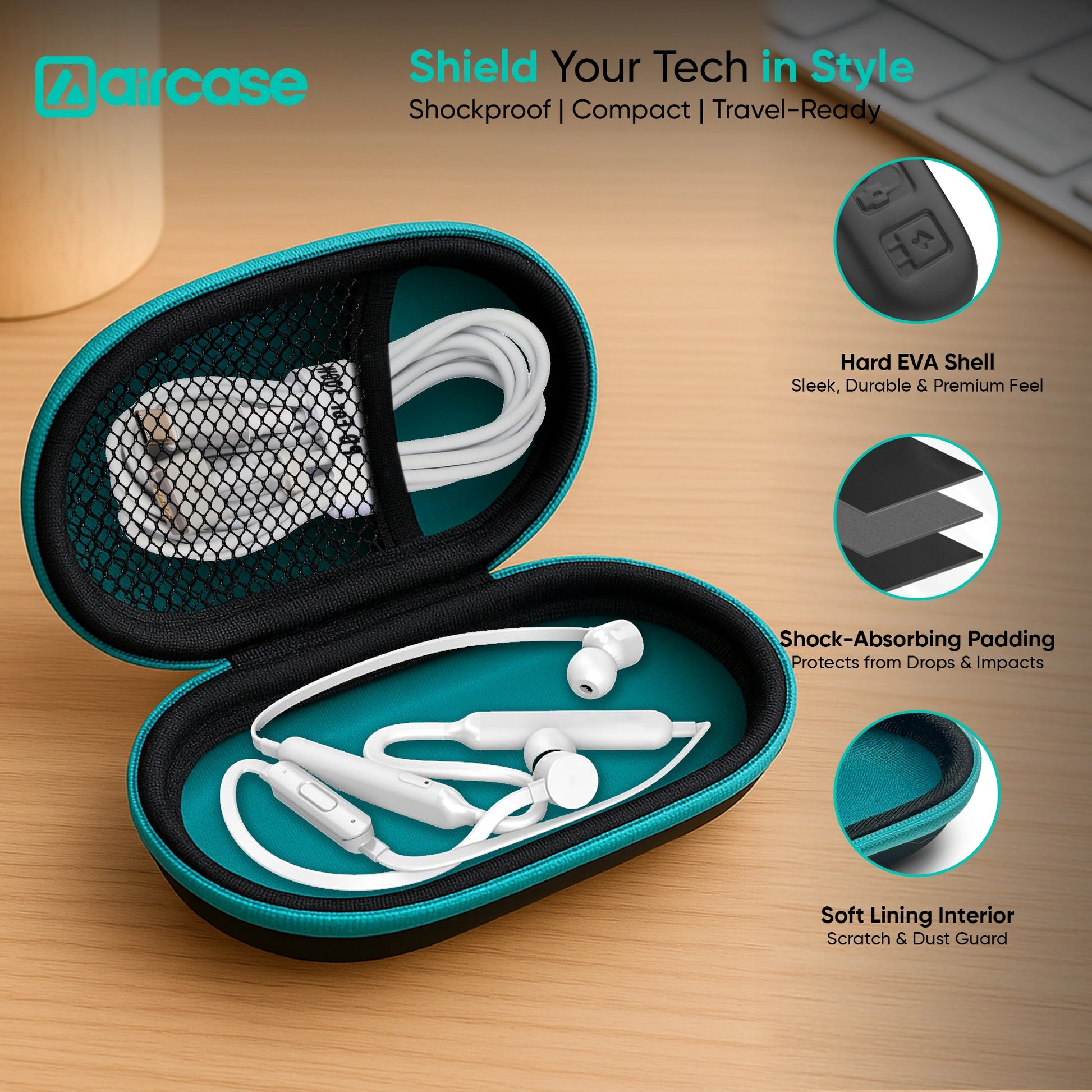 AirCase Earphone Carrying Case with Shockproof EVA Foam, Hard Shell, Mesh Pocket, Zipper Travel Organizer Pouch for Earbuds, Flash Drives, SD Cards, Cables.