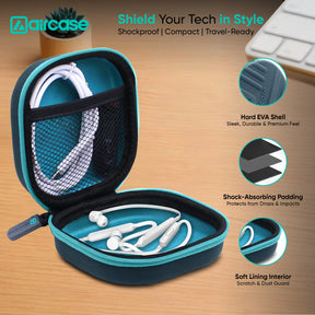 AirCase Earphone Carrying Case Cover with Shockproof EVA Hardshell & Soft Lining| Travel Organizer Pouch with Carabiner, Mesh Pocket, Zipper Closure for Earbuds, USB Drives, SD Cards, Cable
