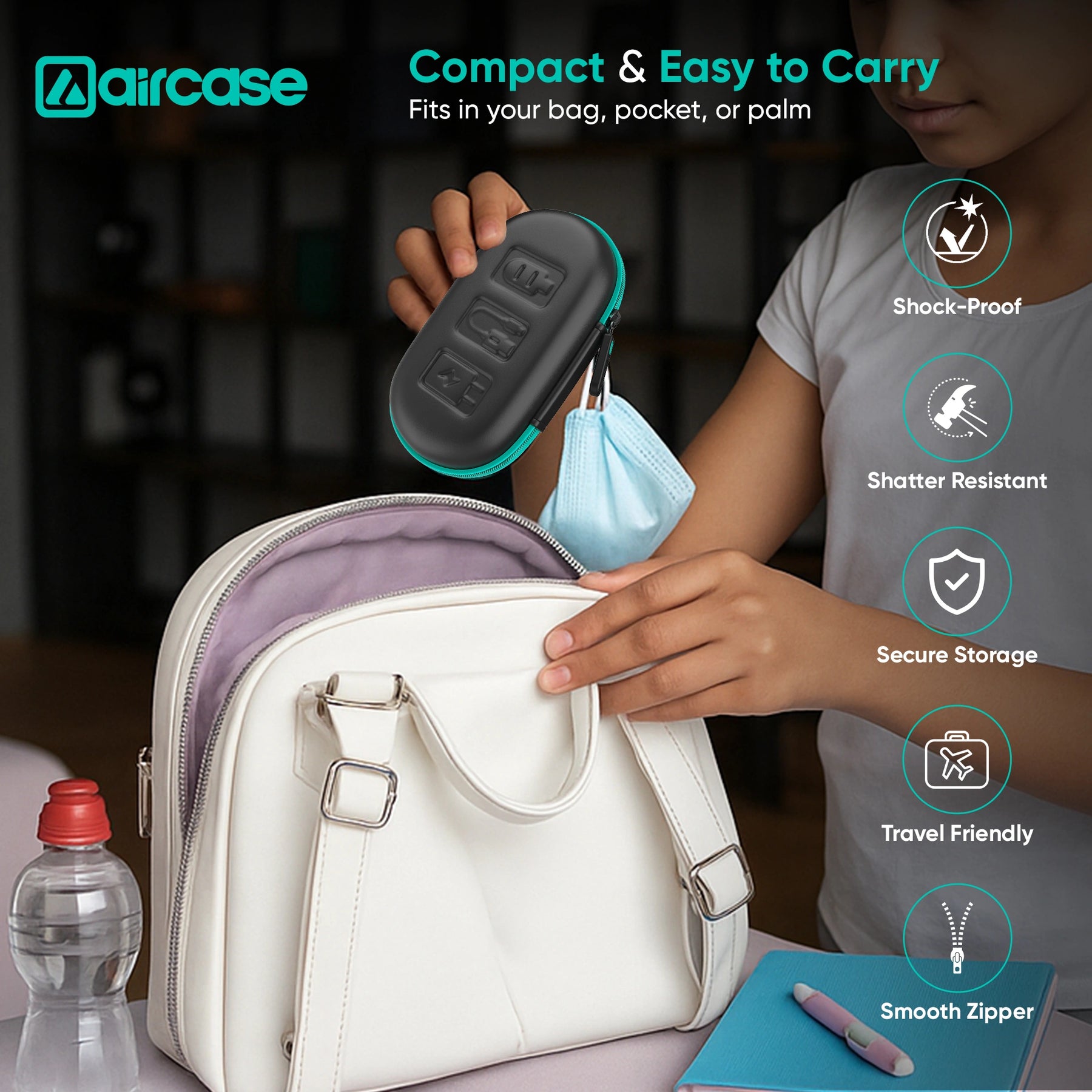 AirCase Earphone Carrying Case with Shockproof EVA Foam, Hard Shell, Mesh Pocket, Zipper Travel Organizer Pouch for Earbuds, Flash Drives, SD Cards, Cables.