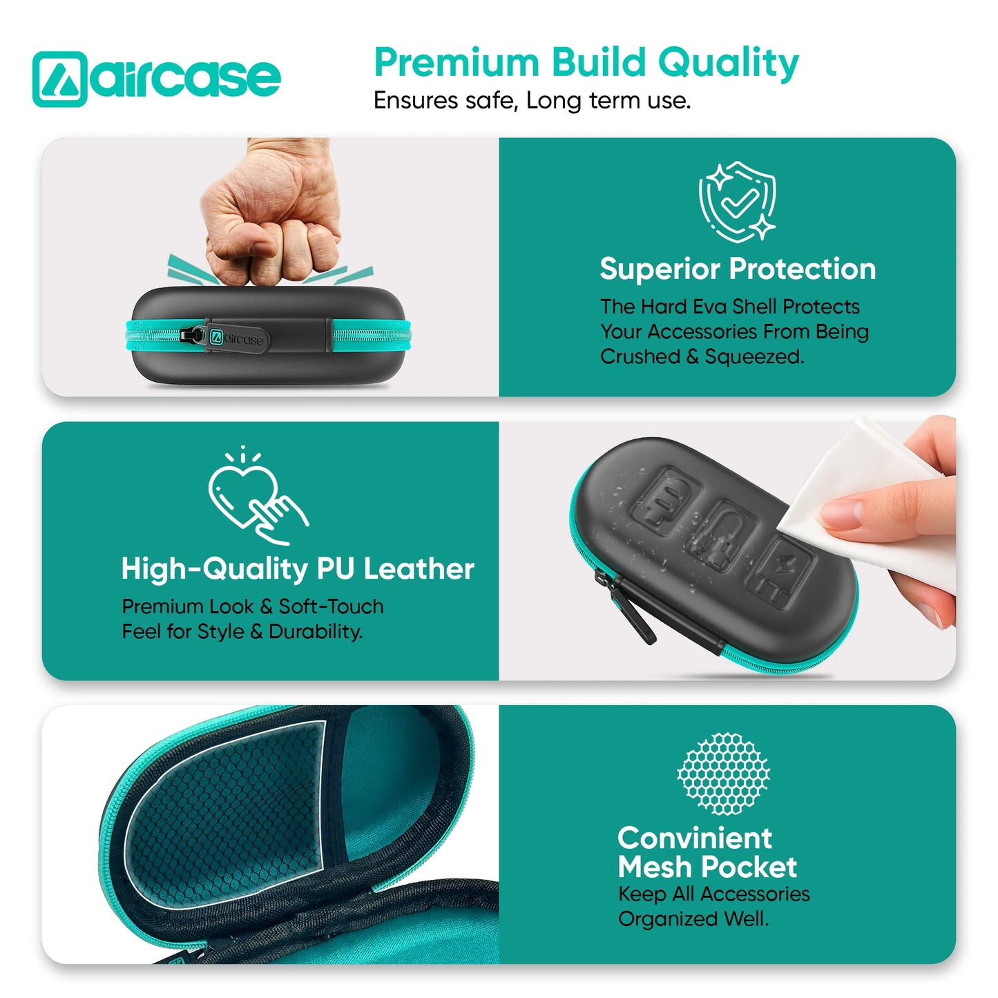 AirCase Earphone Carrying Case with Shockproof EVA Foam, Hard Shell, Mesh Pocket, Zipper Travel Organizer Pouch for Earbuds, Flash Drives, SD Cards, Cables.