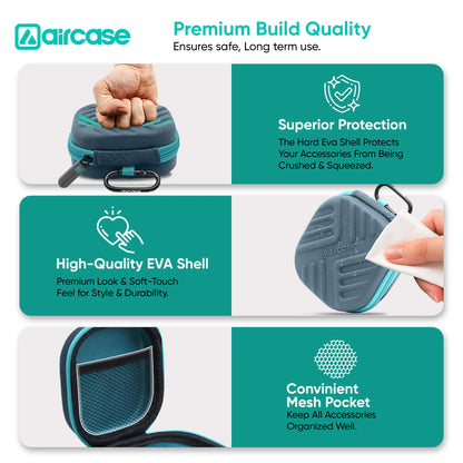 AirCase Earphone Carrying Case Cover with Shockproof EVA Hardshell & Soft Lining| Travel Organizer Pouch with Carabiner, Mesh Pocket, Zipper Closure for Earbuds, USB Drives, SD Cards, Cable