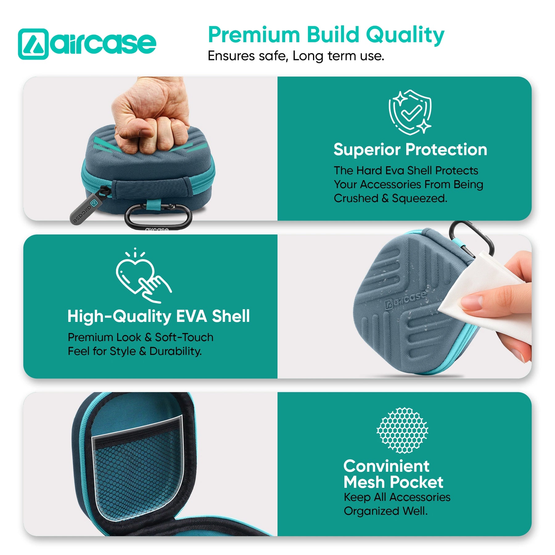 AirCase Earphone Carrying Case Cover with Shockproof EVA Hardshell & Soft Lining| Travel Organizer Pouch with Carabiner, Mesh Pocket, Zipper Closure for Earbuds, USB Drives, SD Cards, Cable