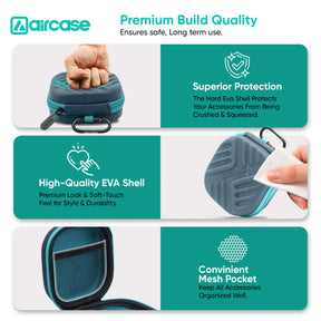 AirCase Earphone Carrying Case Cover with Shockproof EVA Hardshell & Soft Lining| Travel Organizer Pouch with Carabiner, Mesh Pocket, Zipper Closure for Earbuds, USB Drives, SD Cards, Cable