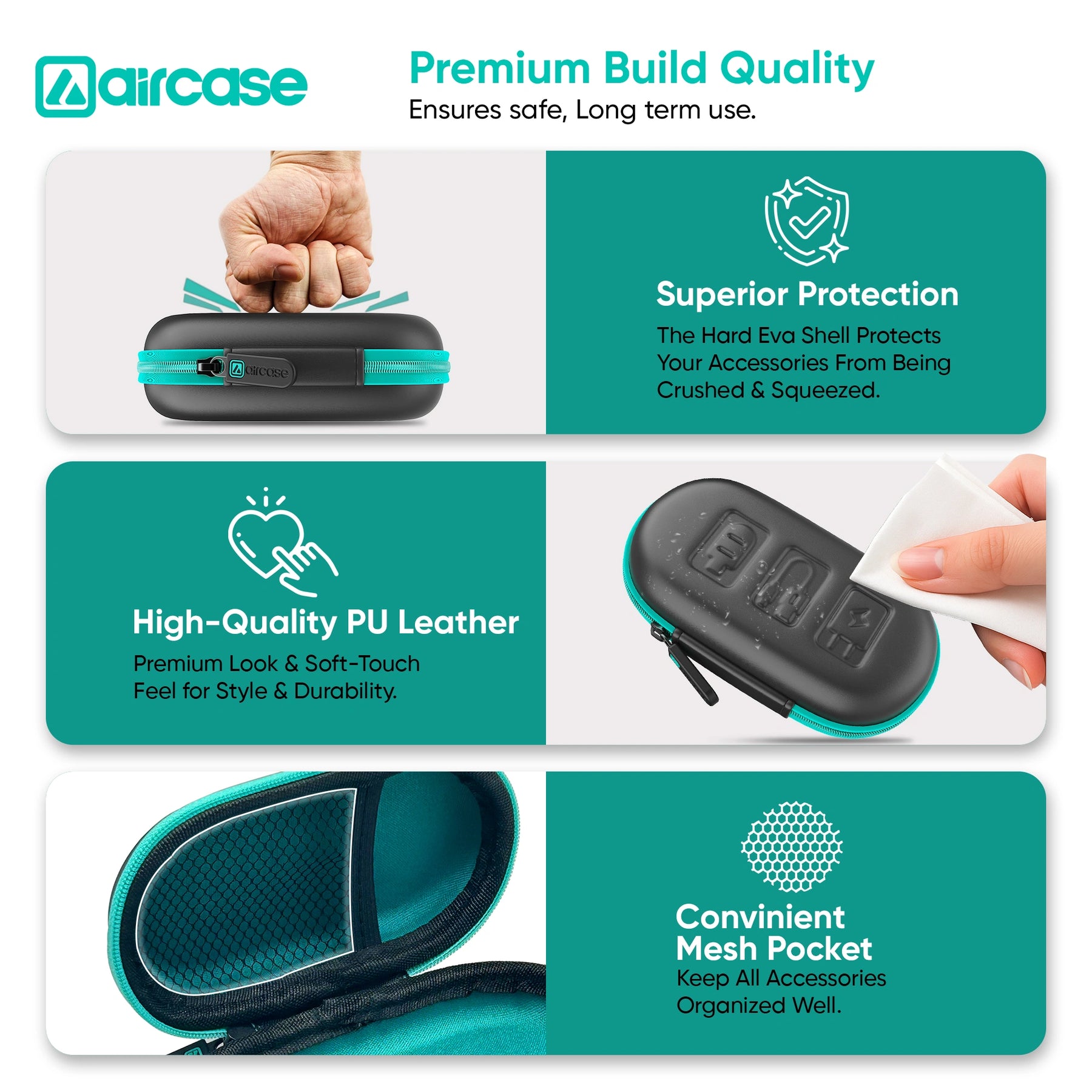 AirCase Earphone Carrying Case with Shockproof EVA Foam, Hard Shell, Mesh Pocket, Zipper Travel Organizer Pouch for Earbuds, Flash Drives, SD Cards, Cables.