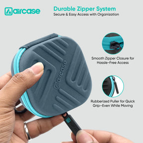 AirCase Earphone Carrying Case Cover with Shockproof EVA Hardshell & Soft Lining| Travel Organizer Pouch with Carabiner, Mesh Pocket, Zipper Closure for Earbuds, USB Drives, SD Cards, Cable