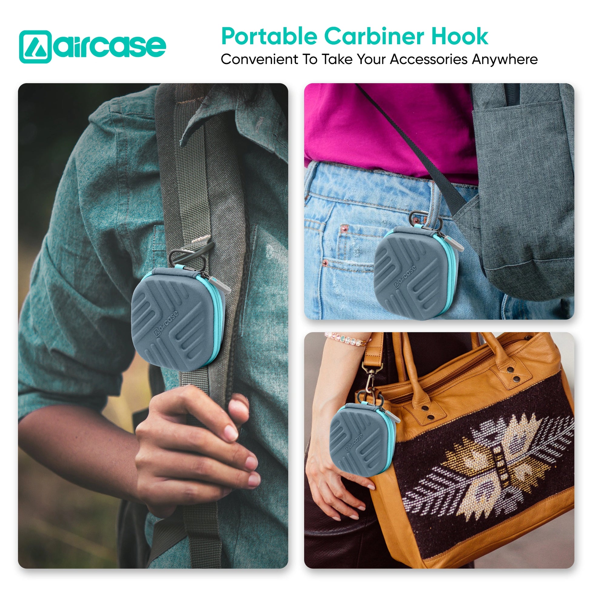 AirCase Earphone Carrying Case Cover with Shockproof EVA Hardshell & Soft Lining| Travel Organizer Pouch with Carabiner, Mesh Pocket, Zipper Closure for Earbuds, USB Drives, SD Cards, Cable