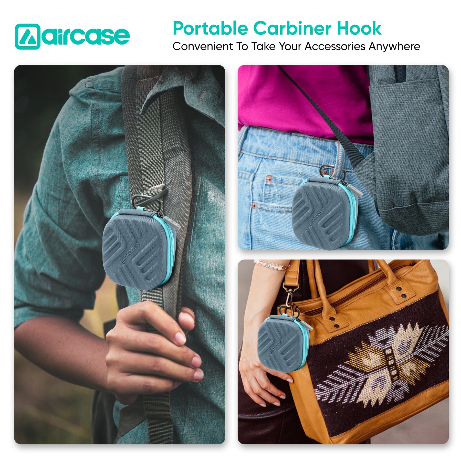 AirCase Earphone Carrying Case Cover with Shockproof EVA Hardshell & Soft Lining| Travel Organizer Pouch with Carabiner, Mesh Pocket, Zipper Closure for Earbuds, USB Drives, SD Cards, Cable