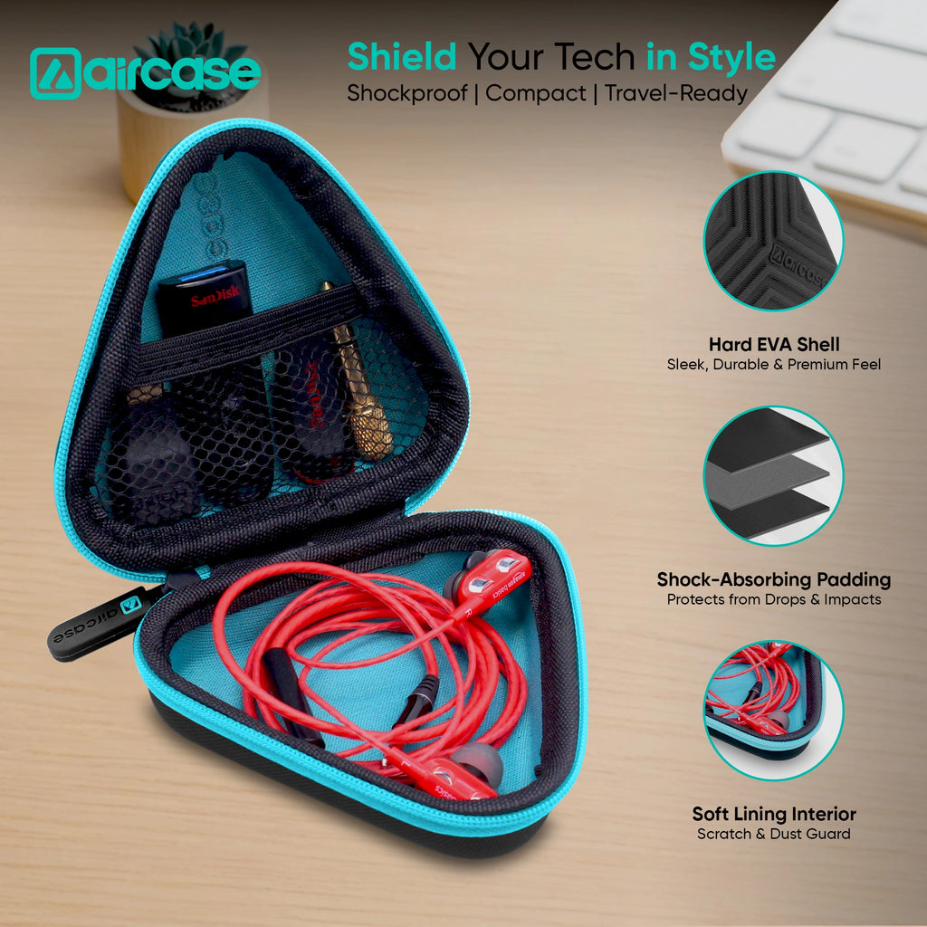 AirCase Earphone Carrying Case Cover with Shockproof EVA Hardshell & Soft Lining| Travel Organizer Pouch with Carabiner, Mesh Pocket, Zipper Closure for Earbuds, USB Drives, SD Cards, Cables