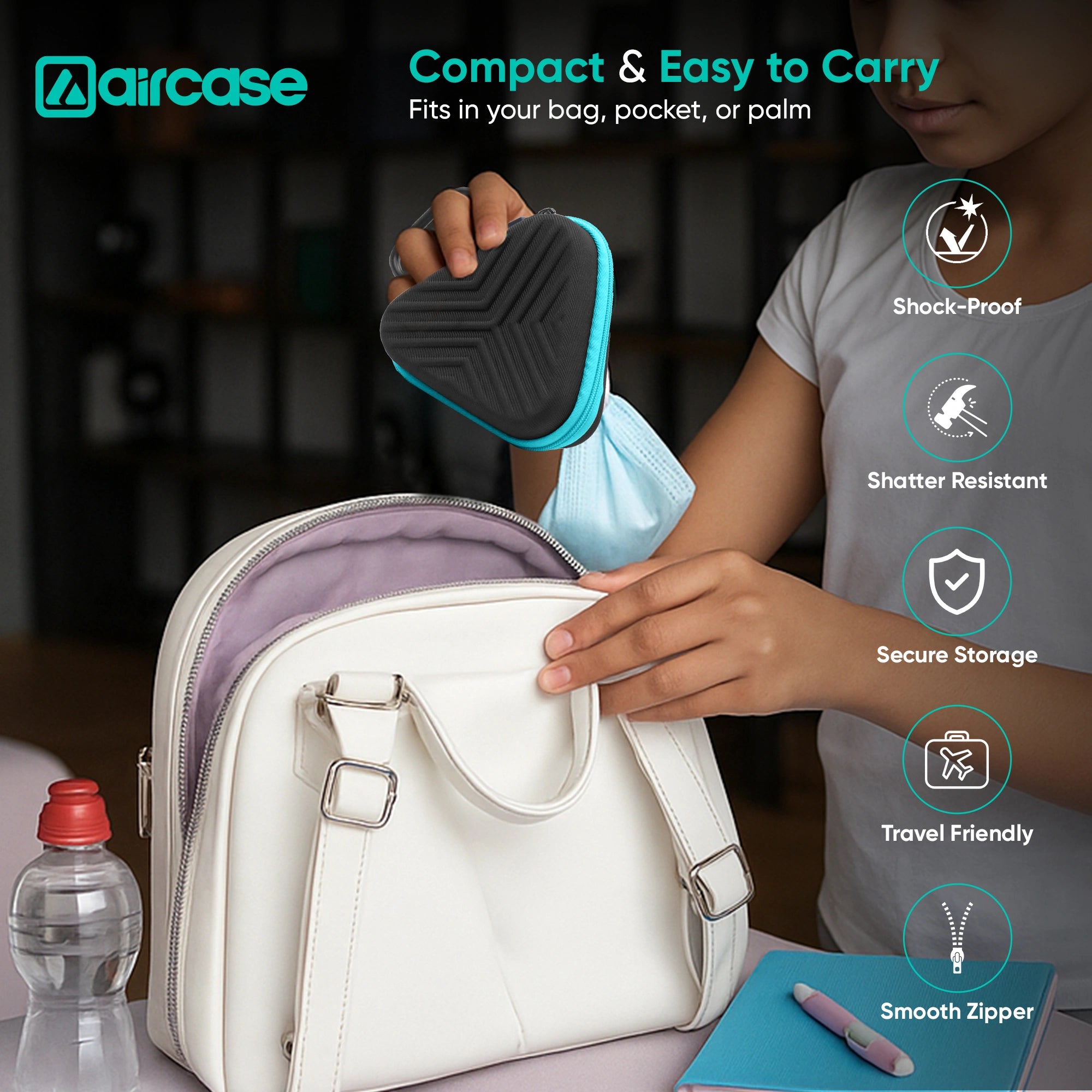 AirCase Earphone Carrying Case Cover with Shockproof EVA Hardshell & Soft Lining| Travel Organizer Pouch with Carabiner, Mesh Pocket, Zipper Closure for Earbuds, USB Drives, SD Cards, Cables