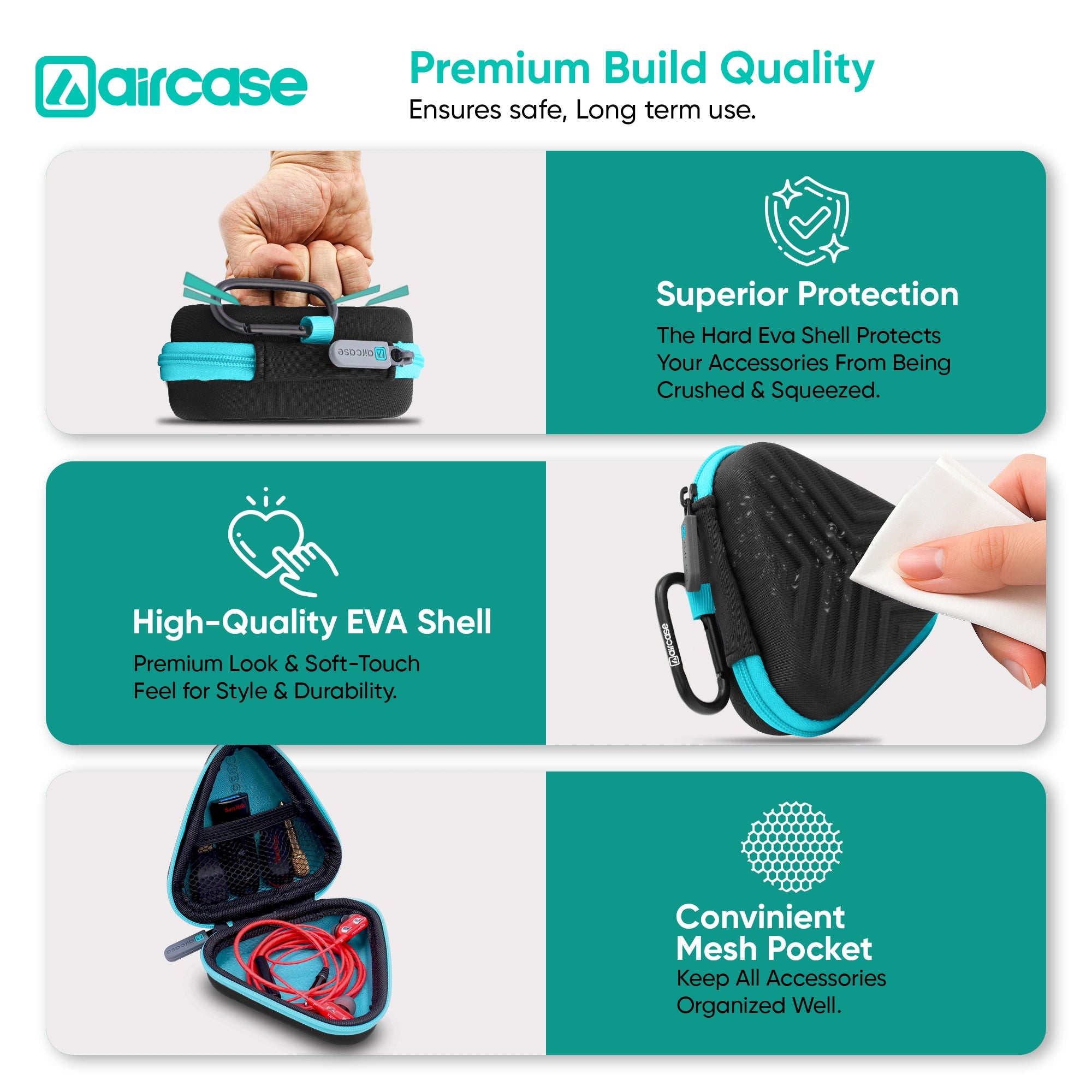 AirCase Earphone Carrying Case Cover with Shockproof EVA Hardshell & Soft Lining| Travel Organizer Pouch with Carabiner, Mesh Pocket, Zipper Closure for Earbuds, USB Drives, SD Cards, Cables