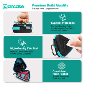 AirCase Earphone Carrying Case Cover with Shockproof EVA Hardshell & Soft Lining| Travel Organizer Pouch with Carabiner, Mesh Pocket, Zipper Closure for Earbuds, USB Drives, SD Cards, Cables