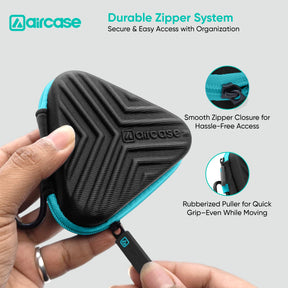 AirCase Earphone Carrying Case Cover with Shockproof EVA Hardshell & Soft Lining| Travel Organizer Pouch with Carabiner, Mesh Pocket, Zipper Closure for Earbuds, USB Drives, SD Cards, Cables