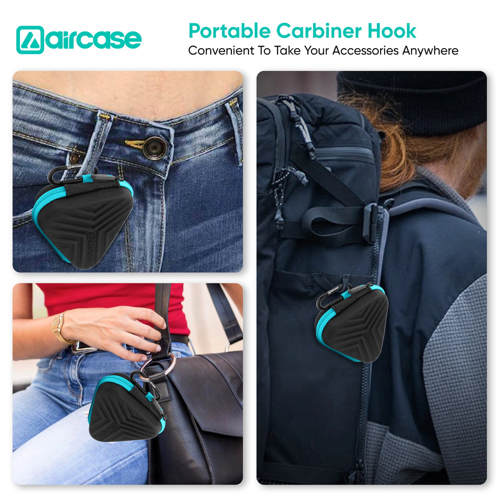 AirCase Earphone Carrying Case Cover with Shockproof EVA Hardshell & Soft Lining| Travel Organizer Pouch with Carabiner, Mesh Pocket, Zipper Closure for Earbuds, USB Drives, SD Cards, Cables