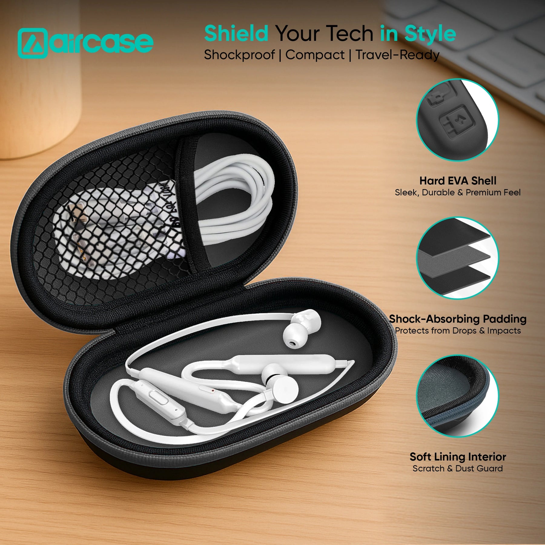 AirCase Earphone Carrying Case with Shockproof EVA Foam, Hard Shell, Mesh Pocket, Zipper Travel Organizer Pouch for Earbuds, Flash Drives, SD Cards, Cables.