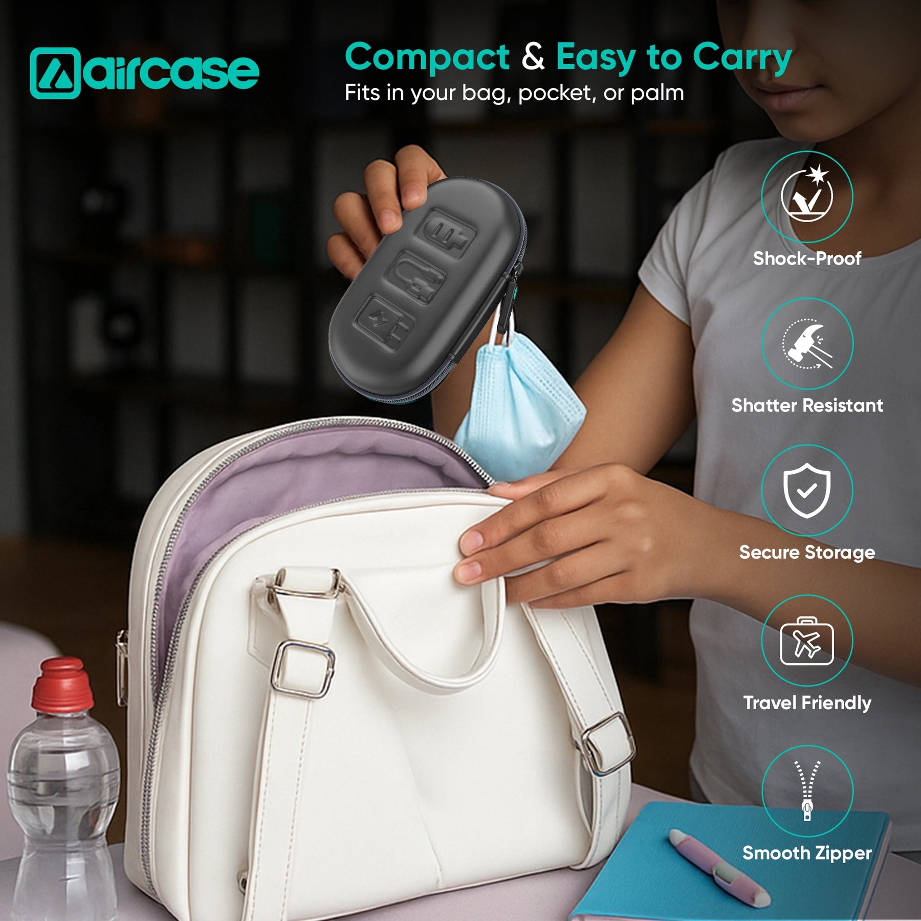 AirCase Earphone Carrying Case with Shockproof EVA Foam, Hard Shell, Mesh Pocket, Zipper Travel Organizer Pouch for Earbuds, Flash Drives, SD Cards, Cables.