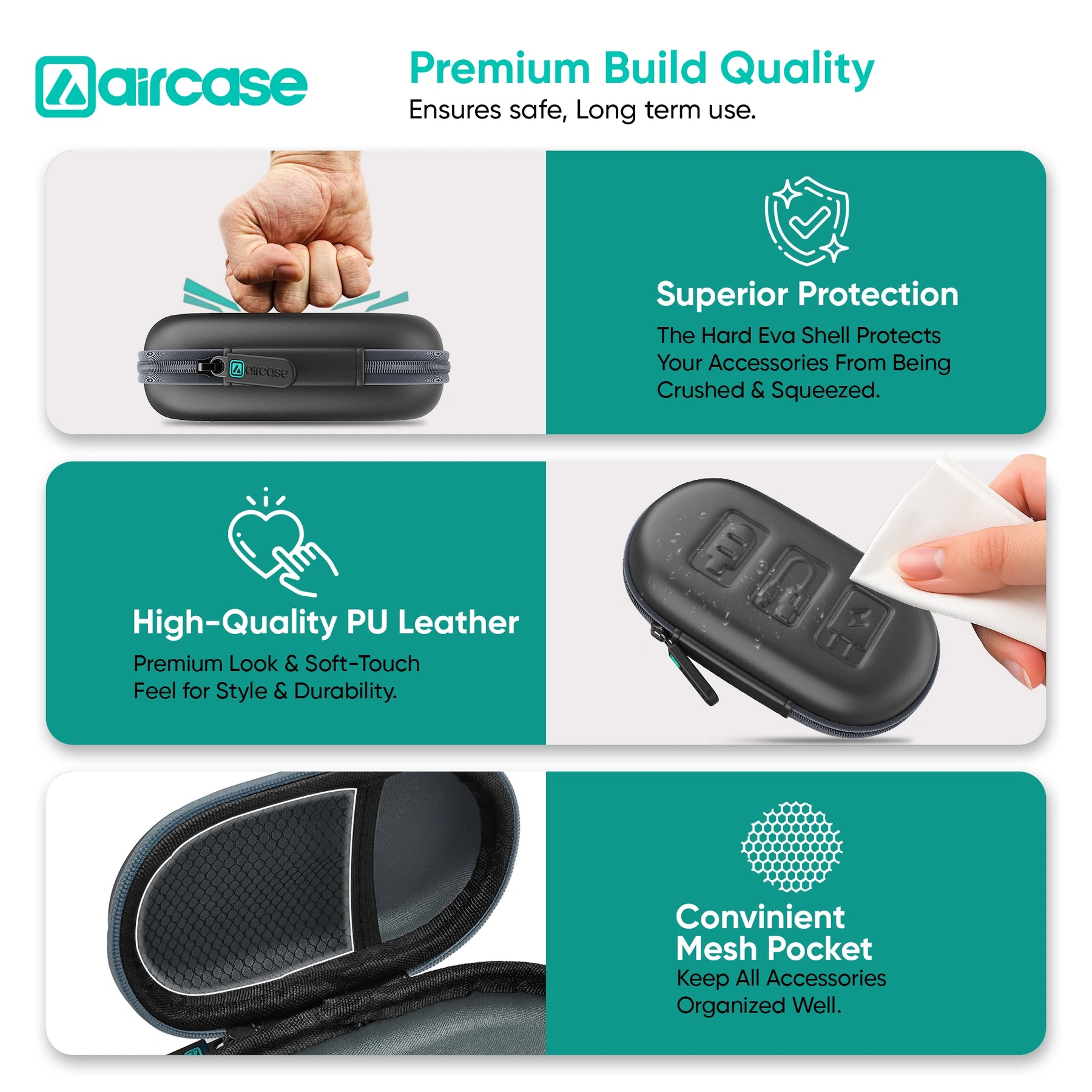 AirCase Earphone Carrying Case with Shockproof EVA Foam, Hard Shell, Mesh Pocket, Zipper Travel Organizer Pouch for Earbuds, Flash Drives, SD Cards, Cables.