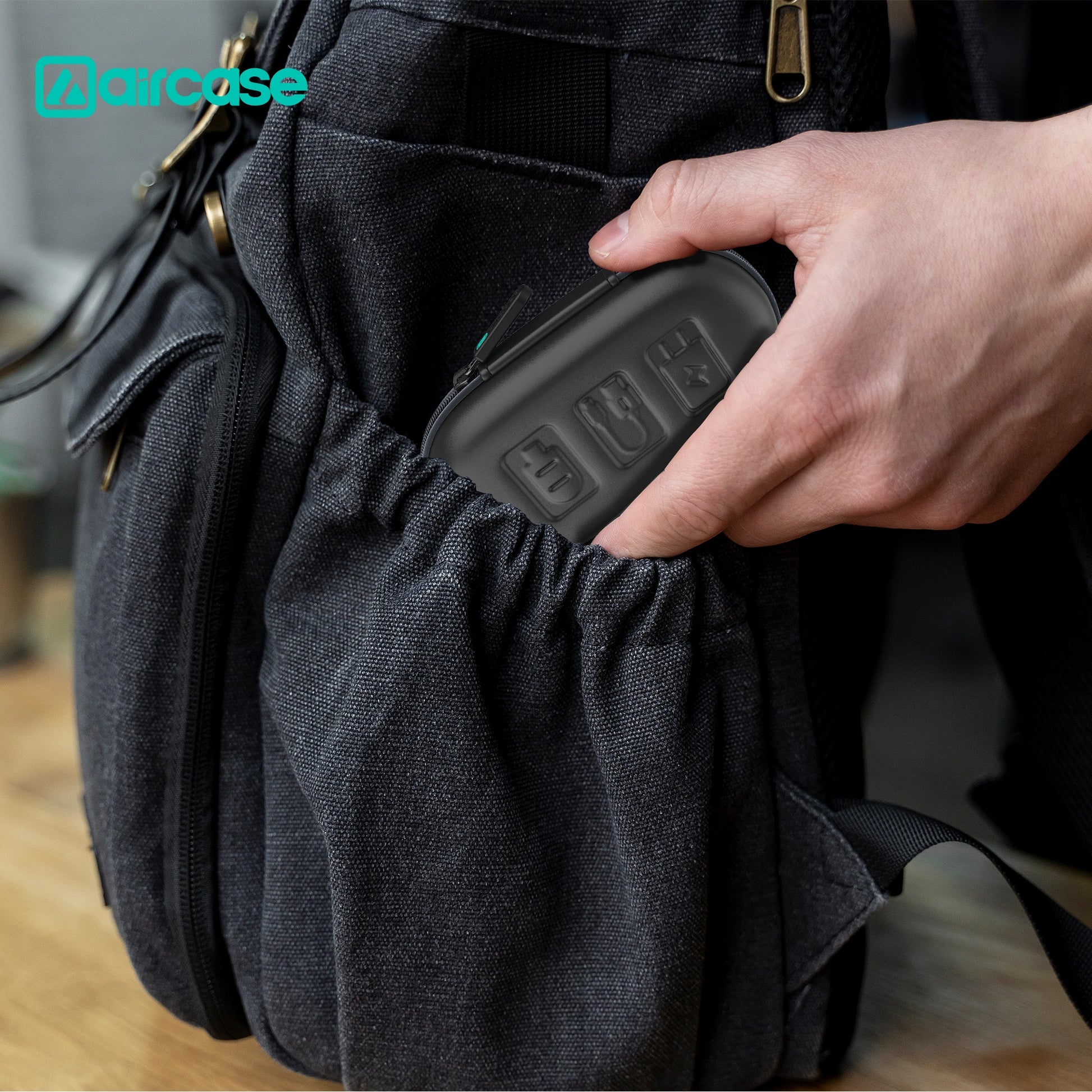 AirCase Earphone Carrying Case with Shockproof EVA Foam, Hard Shell, Mesh Pocket, Zipper Travel Organizer Pouch for Earbuds, Flash Drives, SD Cards, Cables.