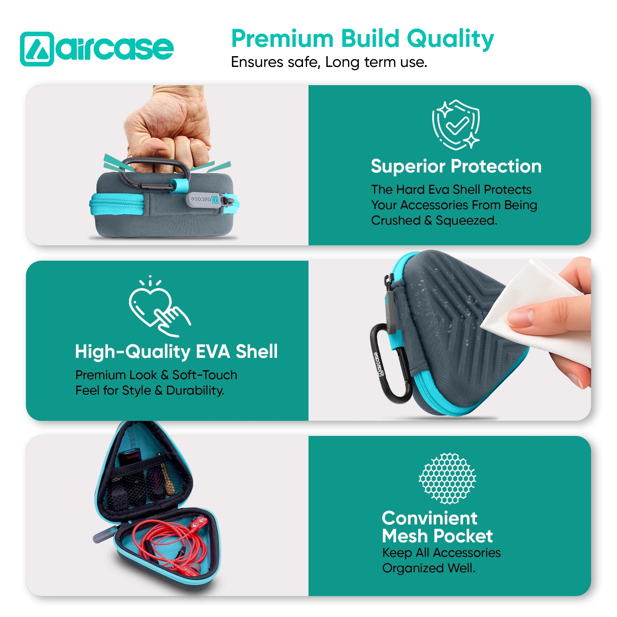 AirCase earphone carrying case for USB drives, SD cards, and cables with durable, travel-friendly compact design