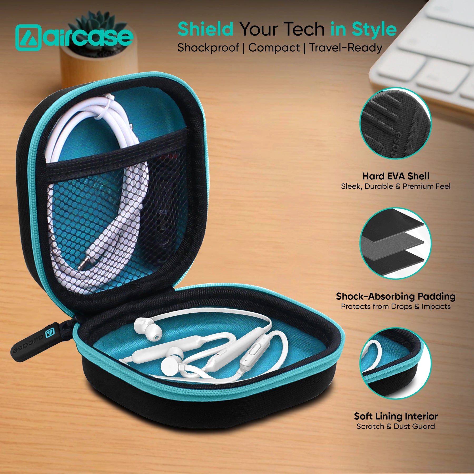 AirCase Earphone Carrying Case Cover with Shockproof EVA Hardshell & Soft Lining | Travel Organizer Pouch with Carabiner.