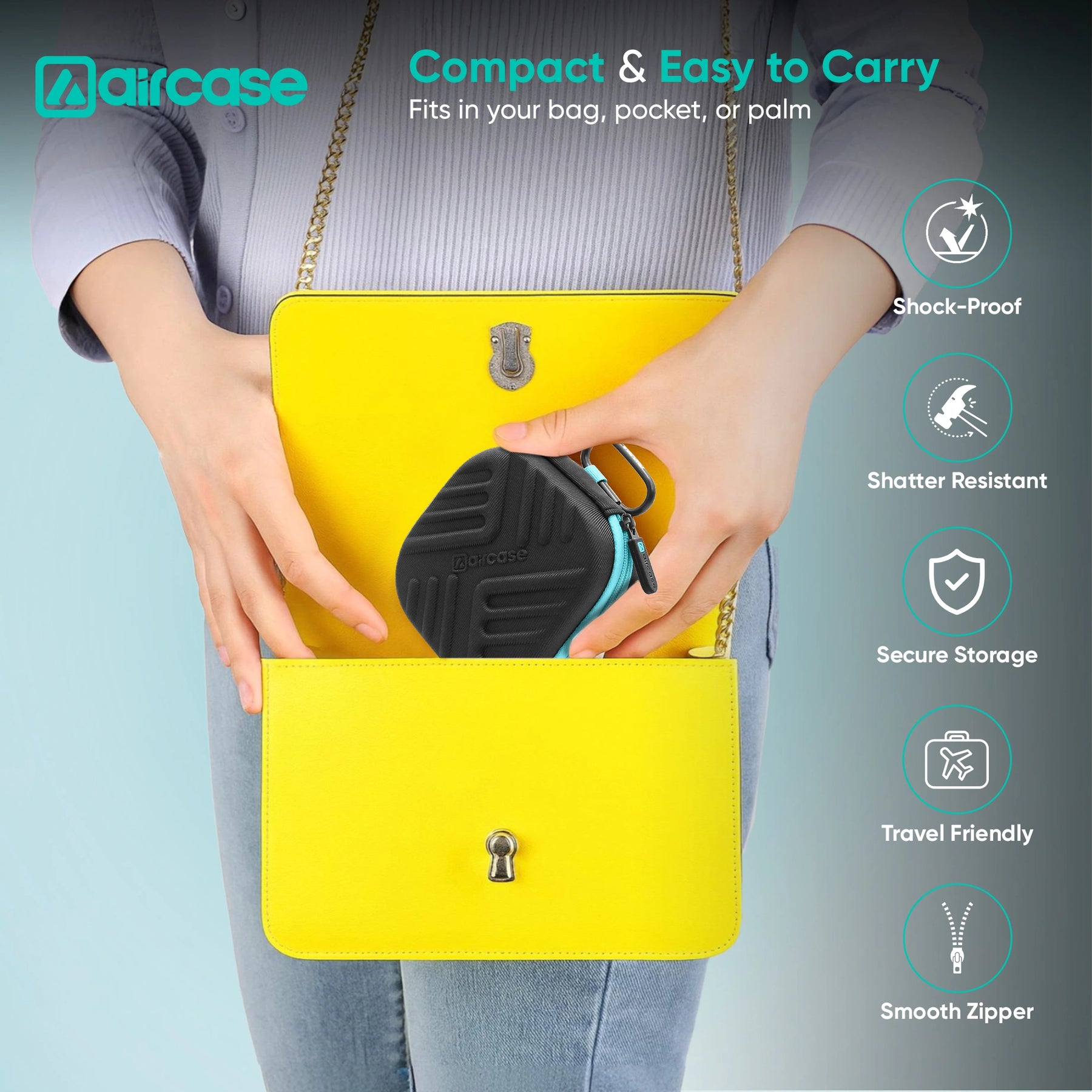 AirCase Earphone Carrying Case Cover with Shockproof EVA Hardshell & Soft Lining | Travel Organizer Pouch with Carabiner.